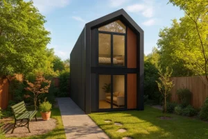 Modulaire woning Flexihuis 102, exterieur van vrijstaande woning achterkant