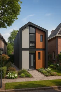 Modulaire woning Flexihuis 102, exterieur van vrijstaande woning voorkant