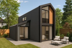 Modulaire woning Flexihuis 120, exterieur van vrijstaande woning achterkant