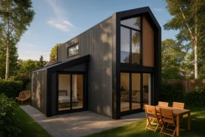 Modulaire woning Flexihuis 120, exterieur van vrijstaande woning achterkant