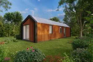 Modulaire woning Flexihuis 54, exterieur van zijkant vrijstaande woning