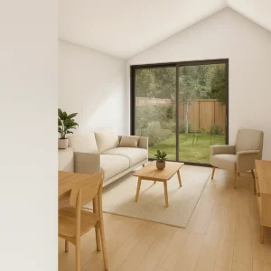 Modulaire woning Flexihuis 54, impressie woonkamer