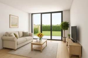 Modulaire woning Flexihuis 102, impressie woonkamer